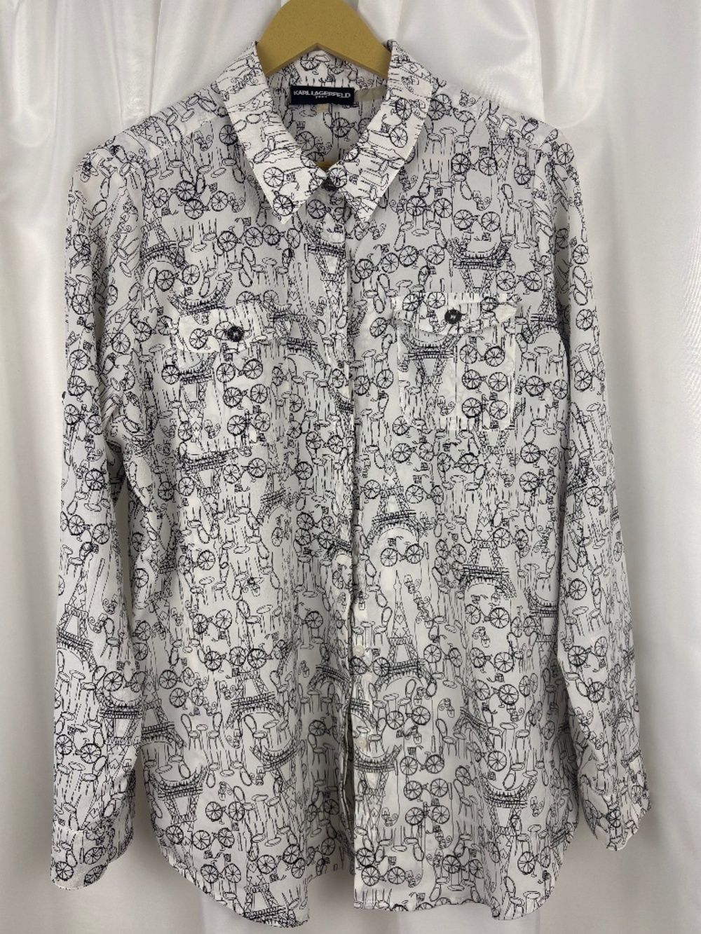 Karl Lagerfeld Paris Eiffel Tower Print Button-Up Blouse Large White Black